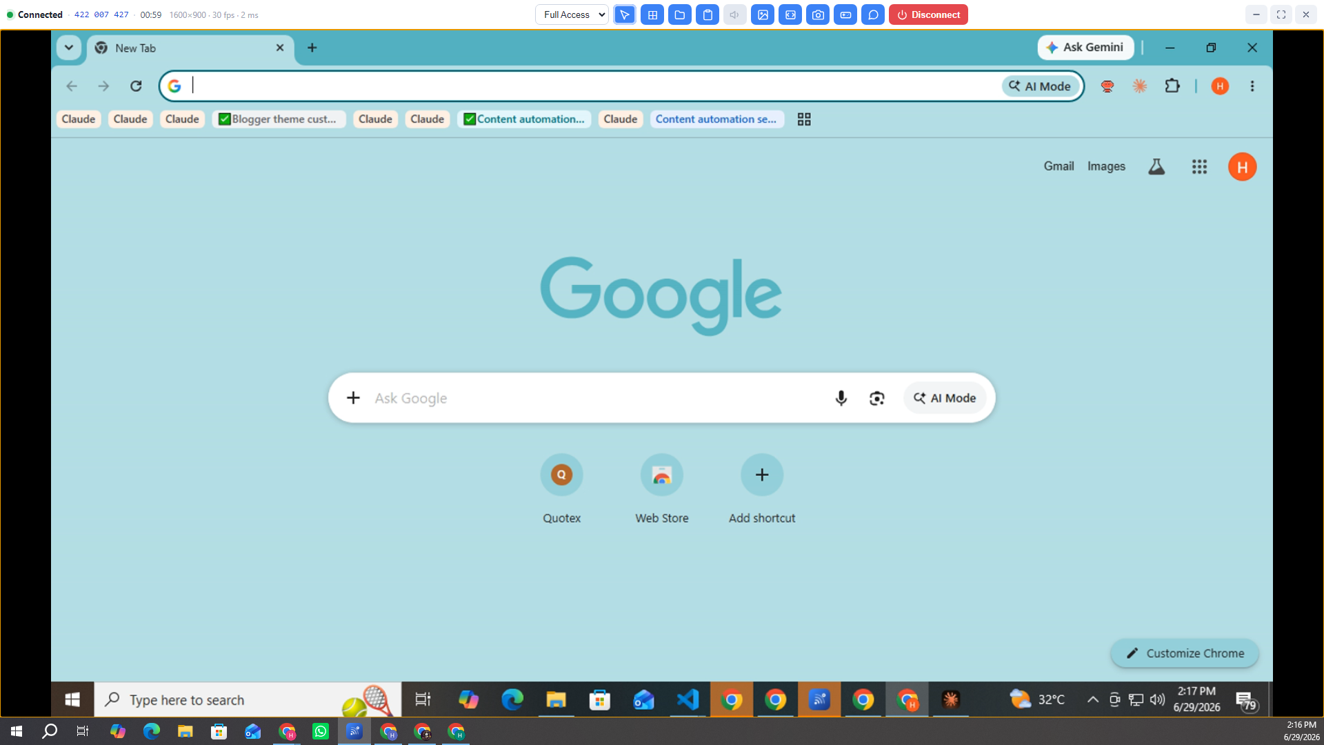 Reachr remote session — controlling a remote Windows desktop over an encrypted link